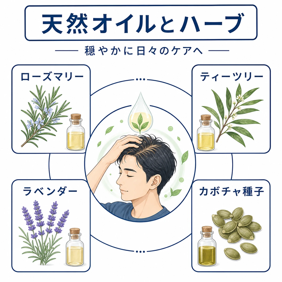 ローズマリーやティーツリーなど頭皮の痒みと薄毛をやさしくケアする天然オイルとハーブを並べた医療イラスト