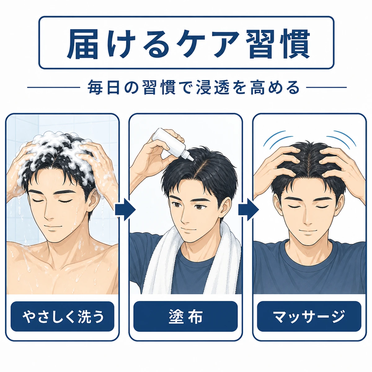 やさしい洗髪から塗布とマッサージまで育毛成分を届ける頭皮ケア習慣の流れを表した医療イラスト