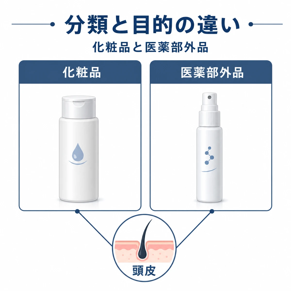 頭皮用ローションと育毛剤の分類と目的の違いを比較した医療イラスト