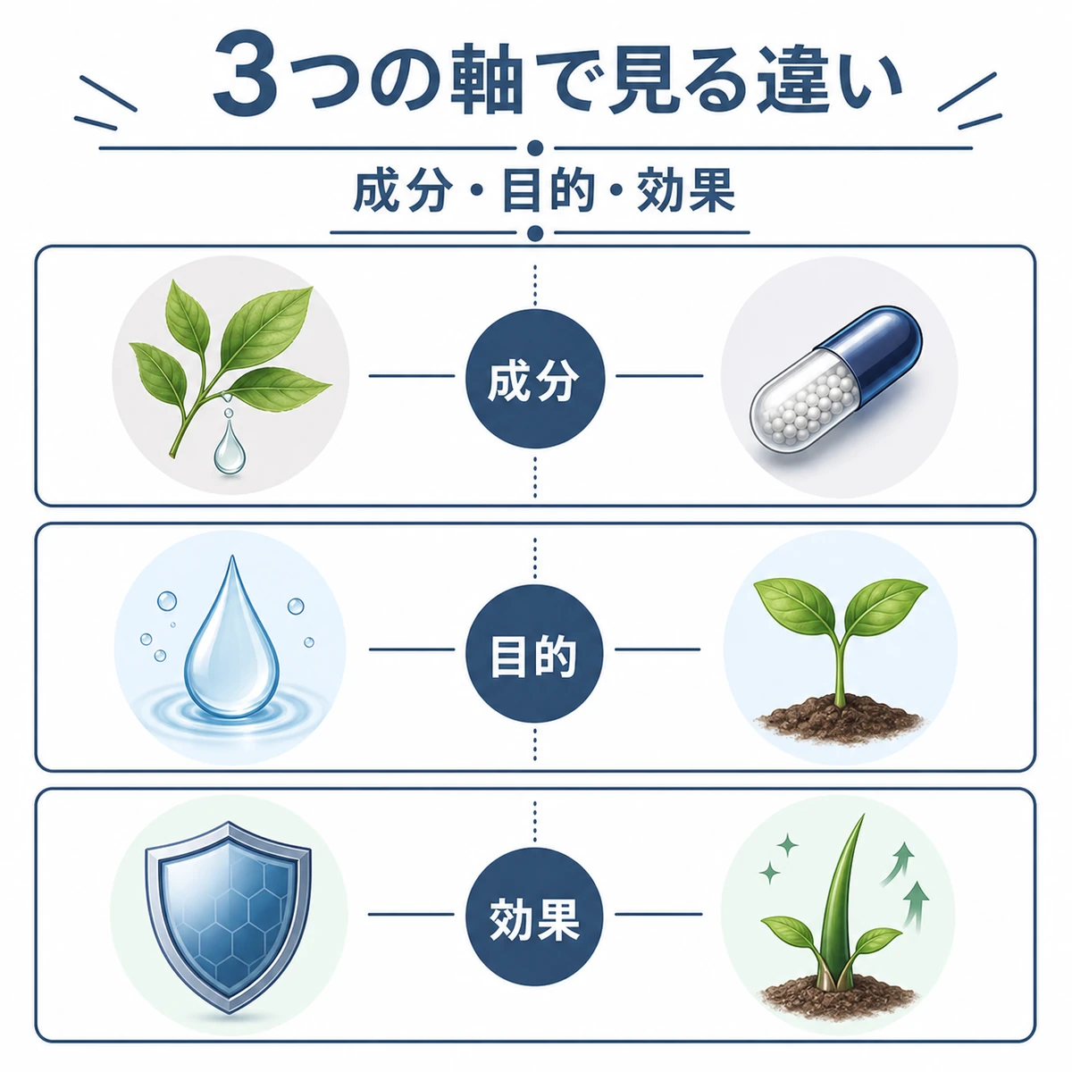頭皮用ローションと育毛剤を成分・目的・効果の3軸で比較した医療イラスト