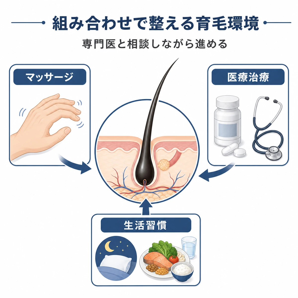 頭皮マッサージと医療治療と生活習慣を組み合わせて育毛環境を整える相関イラスト