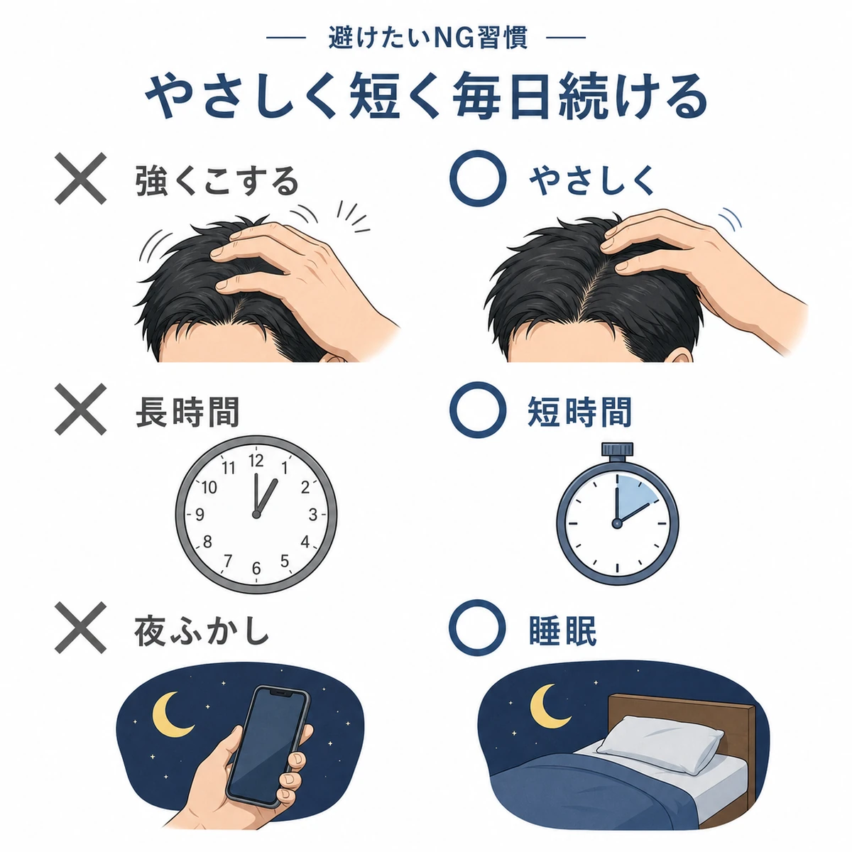 頭皮マッサージで避けたいNG習慣と良い習慣を穏やかに対比した医療イラスト