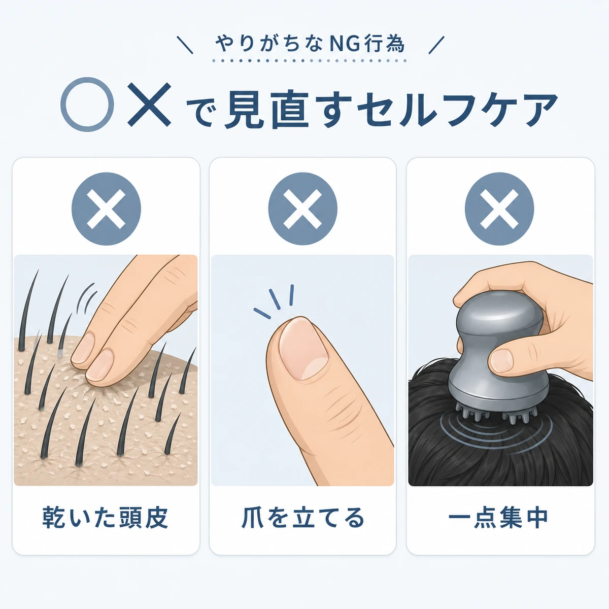 抜け毛につながる頭皮マッサージのNG行為を×印で対比した医療イラスト