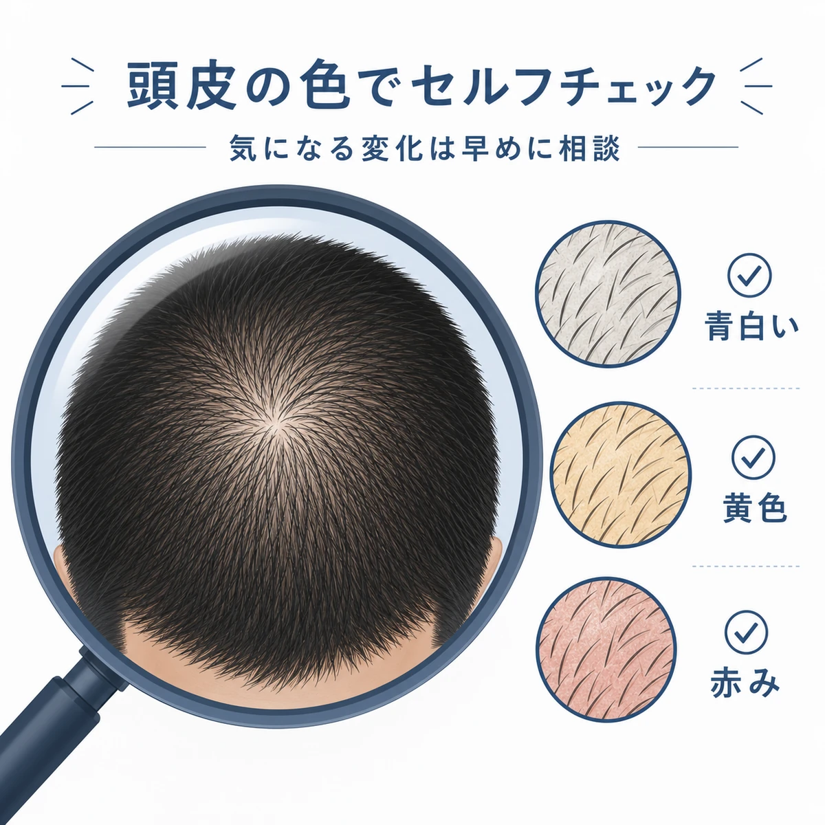 頭皮の色を鏡でセルフチェックする習慣を虫眼鏡と色見本で表した医療イラスト