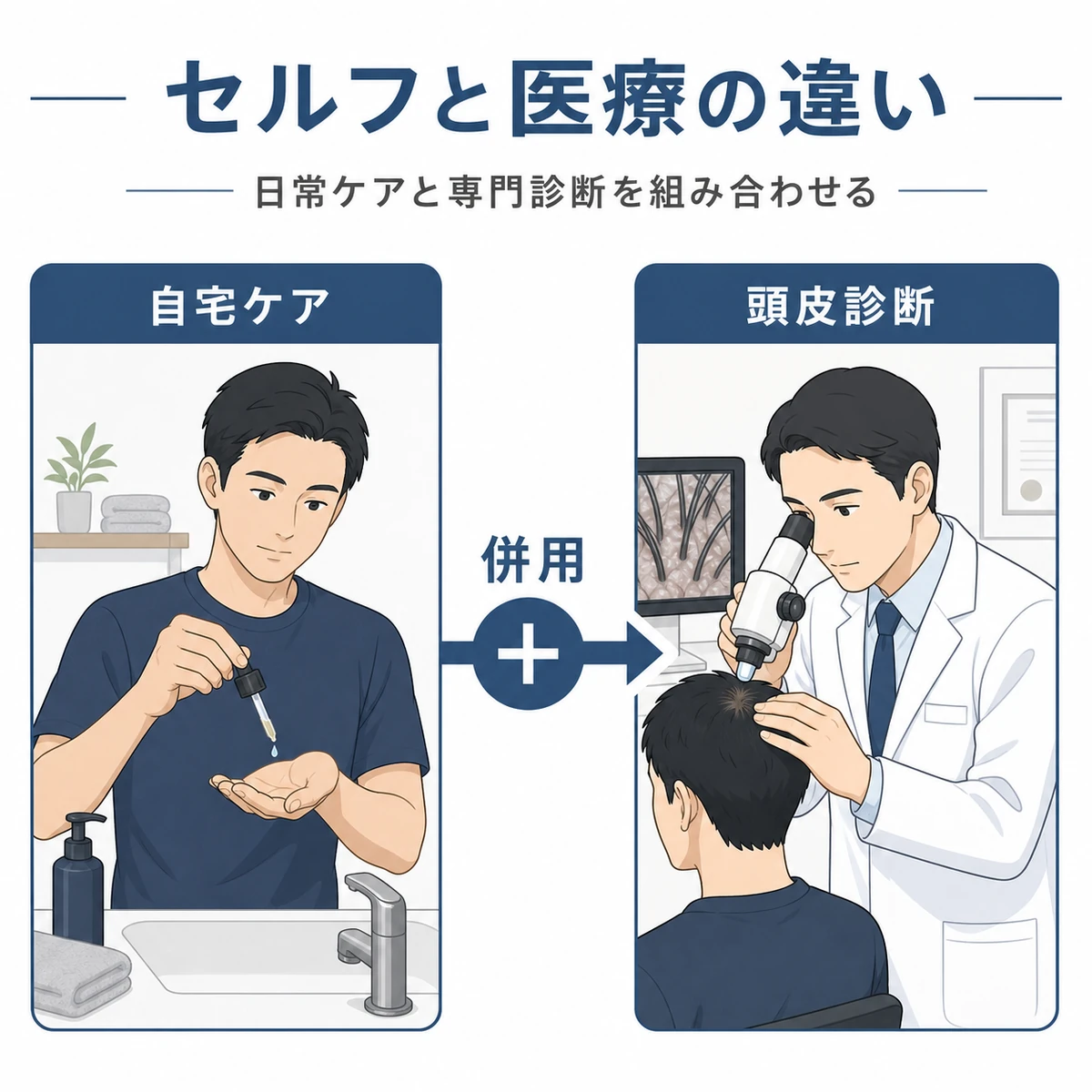 自宅のセルフオイルケアと医療機関のヘッドスパの違いを左右で対比した図解イラスト