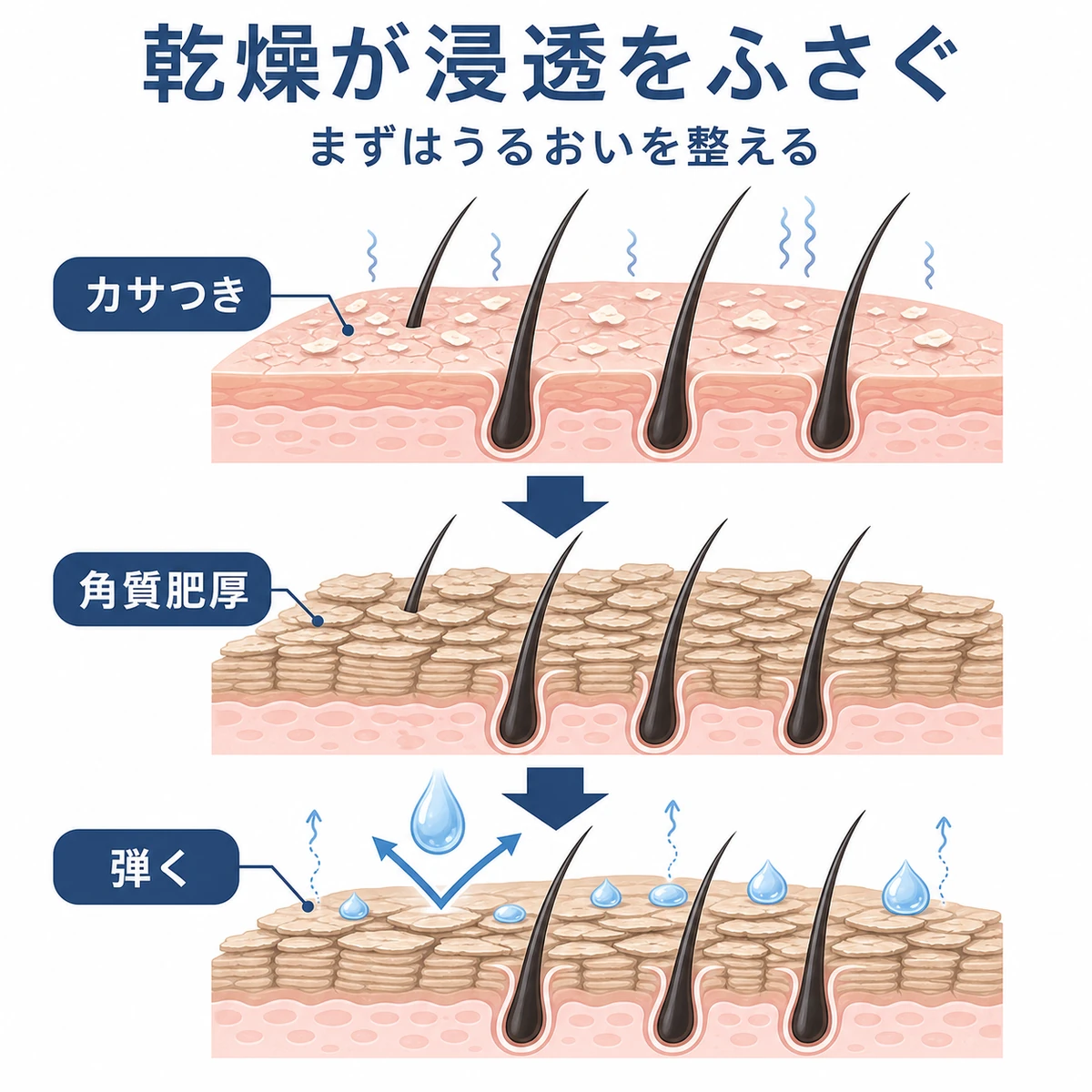 頭皮の乾燥が進み角質が厚くなって育毛剤が弾かれる流れを表した医療イラスト