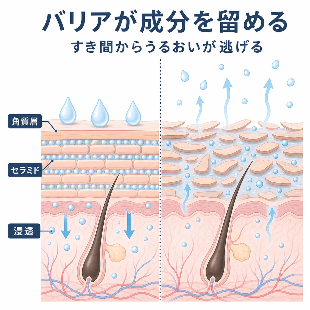 頭皮のバリア機能が整った状態と低下した状態で成分の保持が変わる様子を表した断面の医療イラスト