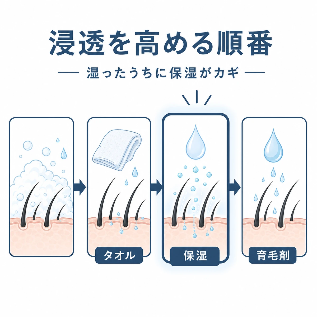 洗髪からタオルドライ、保湿、育毛剤へと続く保湿ケアの流れを表した医療イラスト