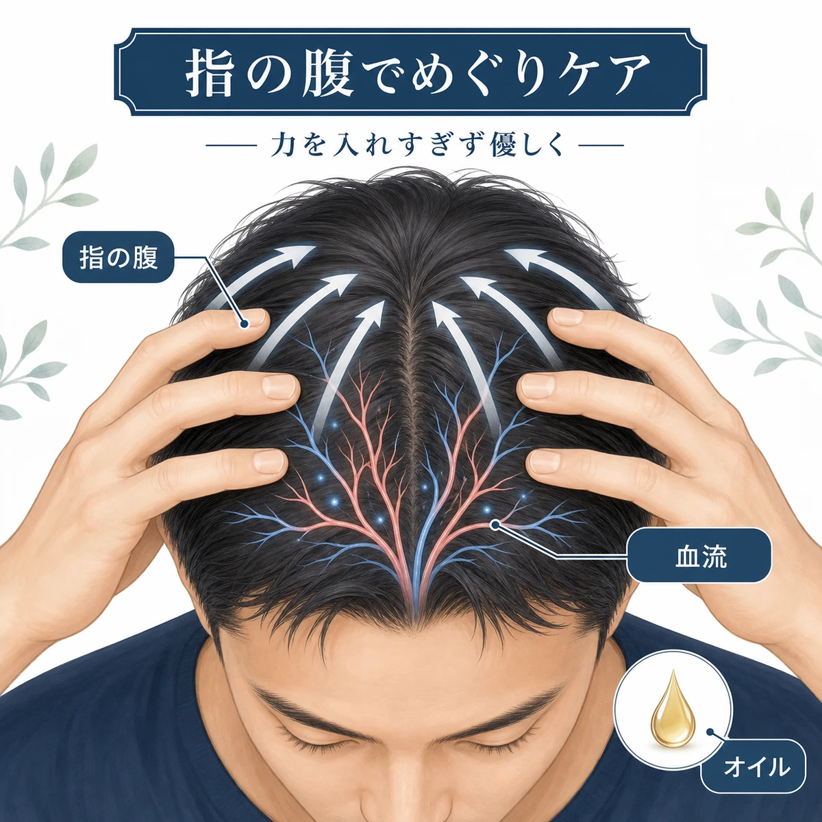 成人男性の頭部を上から見て指の腹で頭皮の血行を促すマッサージの動きを表した医療イラスト