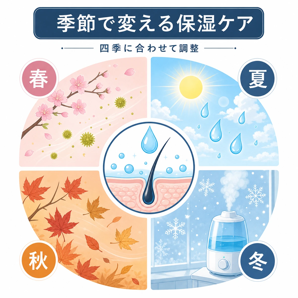 春夏秋冬それぞれで変える頭皮の保湿ケアのポイントを四分割で表した医療イラスト