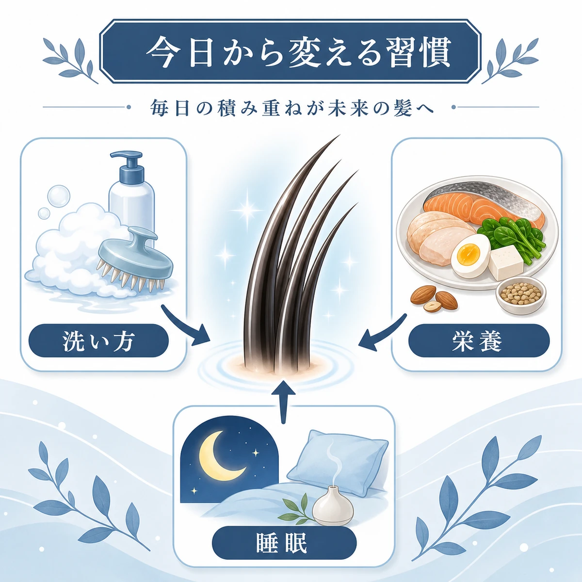 洗い方と栄養と睡眠の3つの習慣が健やかな髪につながることを表した医療イラスト