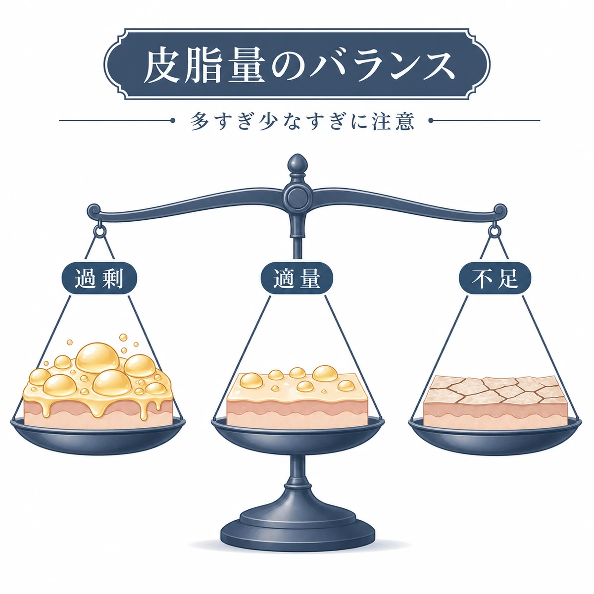 皮脂の量が過剰・適量・不足でどう変わるかを天秤で表した頭皮ケアの医療イラスト