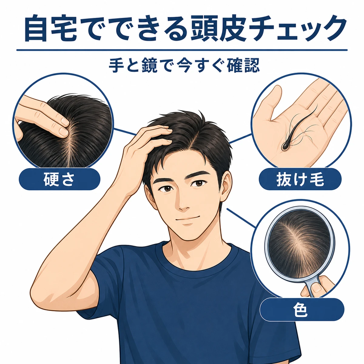 頭皮の硬さや抜け毛や色を自宅で確認する方法を表した医療イラスト