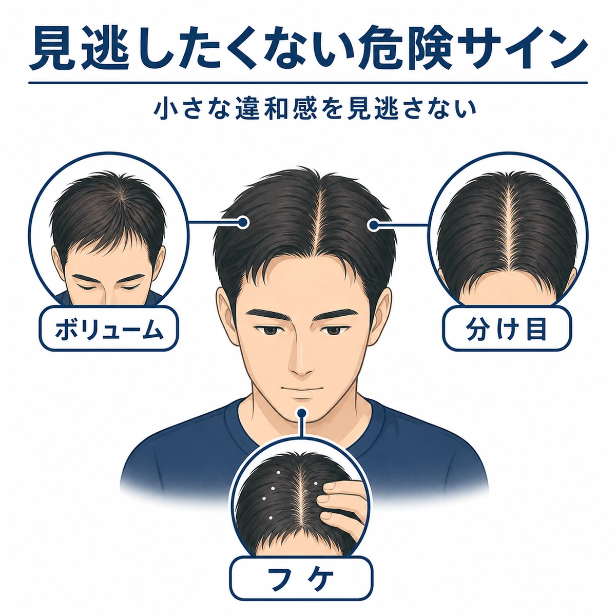 薄毛につながる髪や頭皮の共通サインを分類した医療イラスト