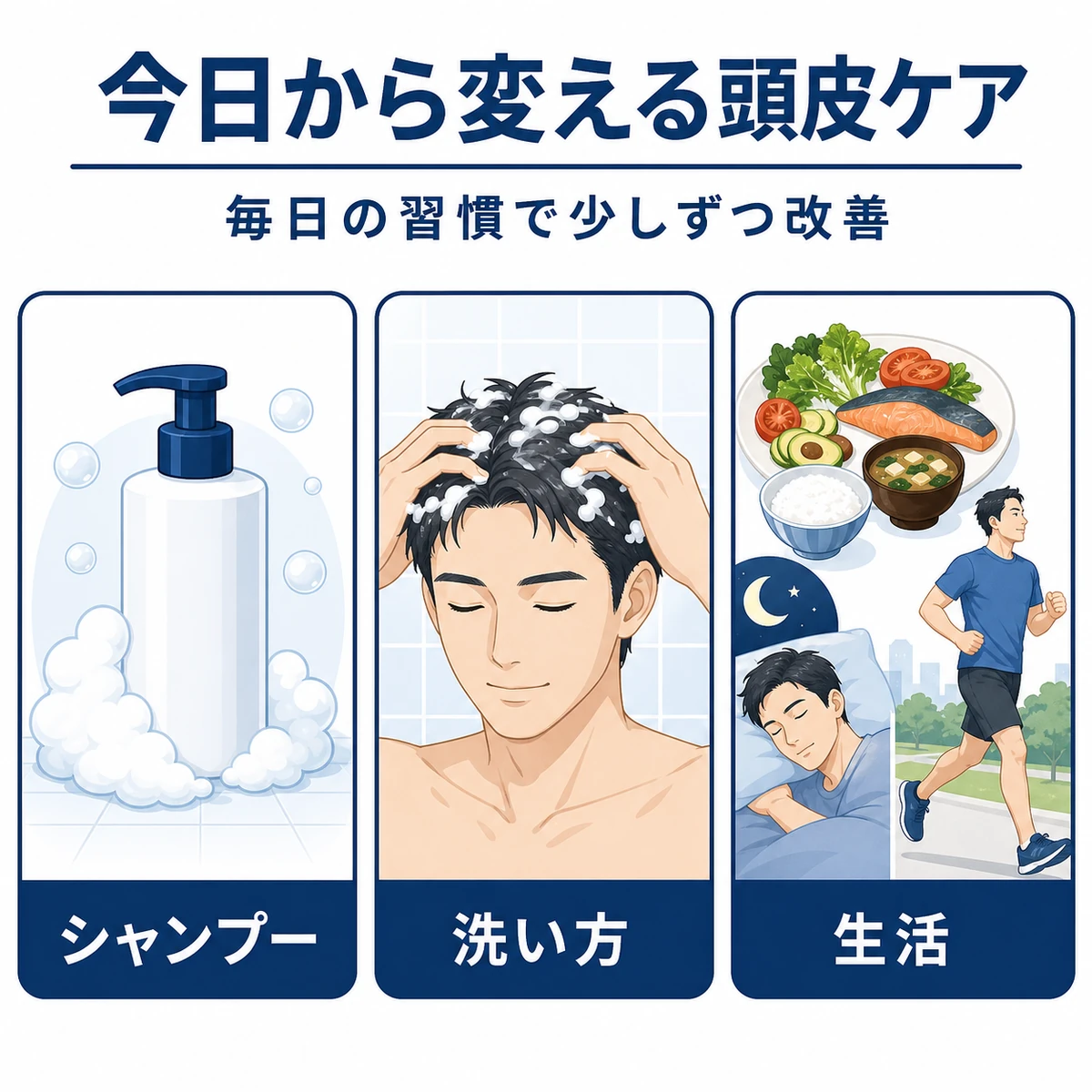 シャンプーや洗髪や食事など頭皮ケアの生活習慣を紹介した医療イラスト