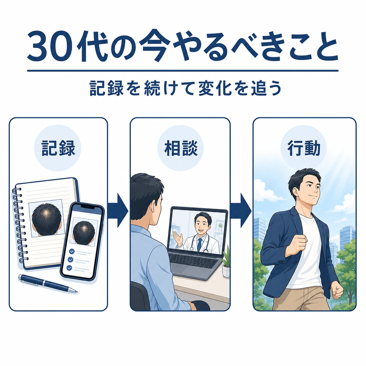頭皮チェックの記録から相談と行動へつなげる流れを表した医療イラスト