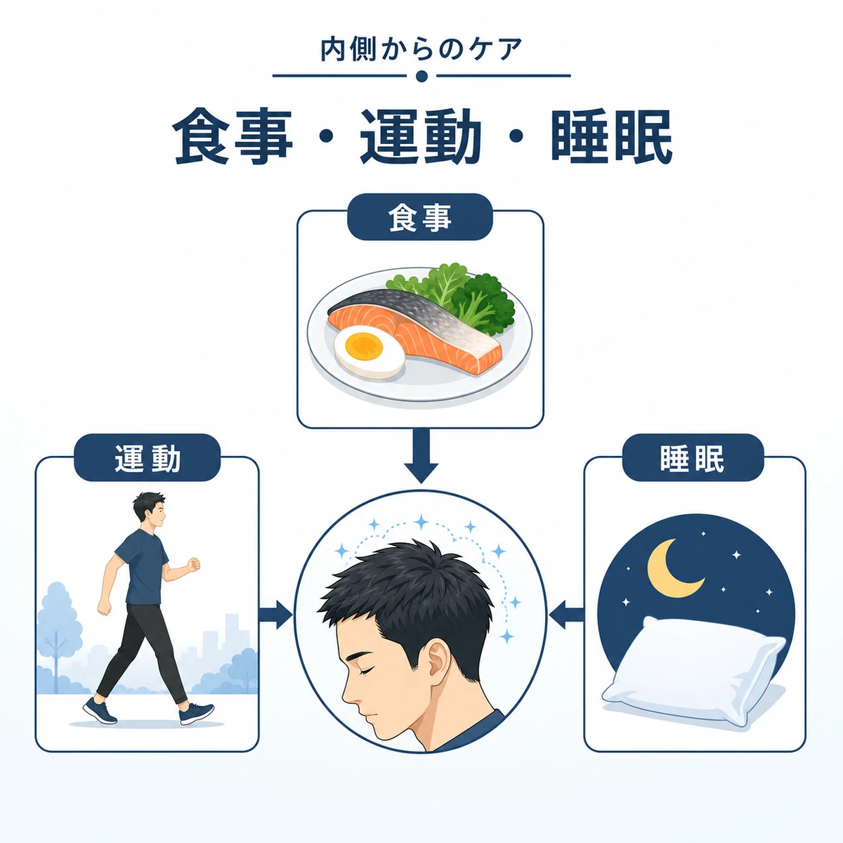 食事と運動と睡眠が頭皮環境を内側から支える様子を表した医療イラスト