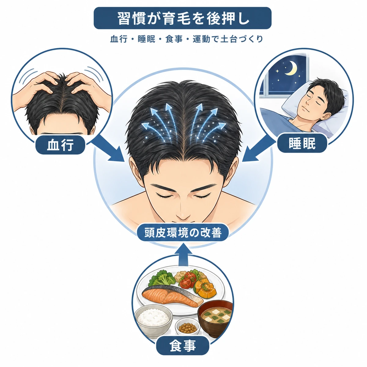 頭皮マッサージや睡眠・食事などの生活習慣が育毛を後押しする関係を表した医療イラスト