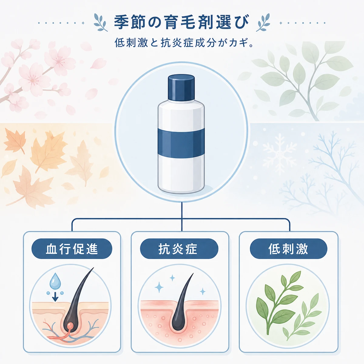 育毛剤の代表的な有効成分を血行促進と抗炎症と低刺激に分類して中立の容器とともに表した医療イラスト