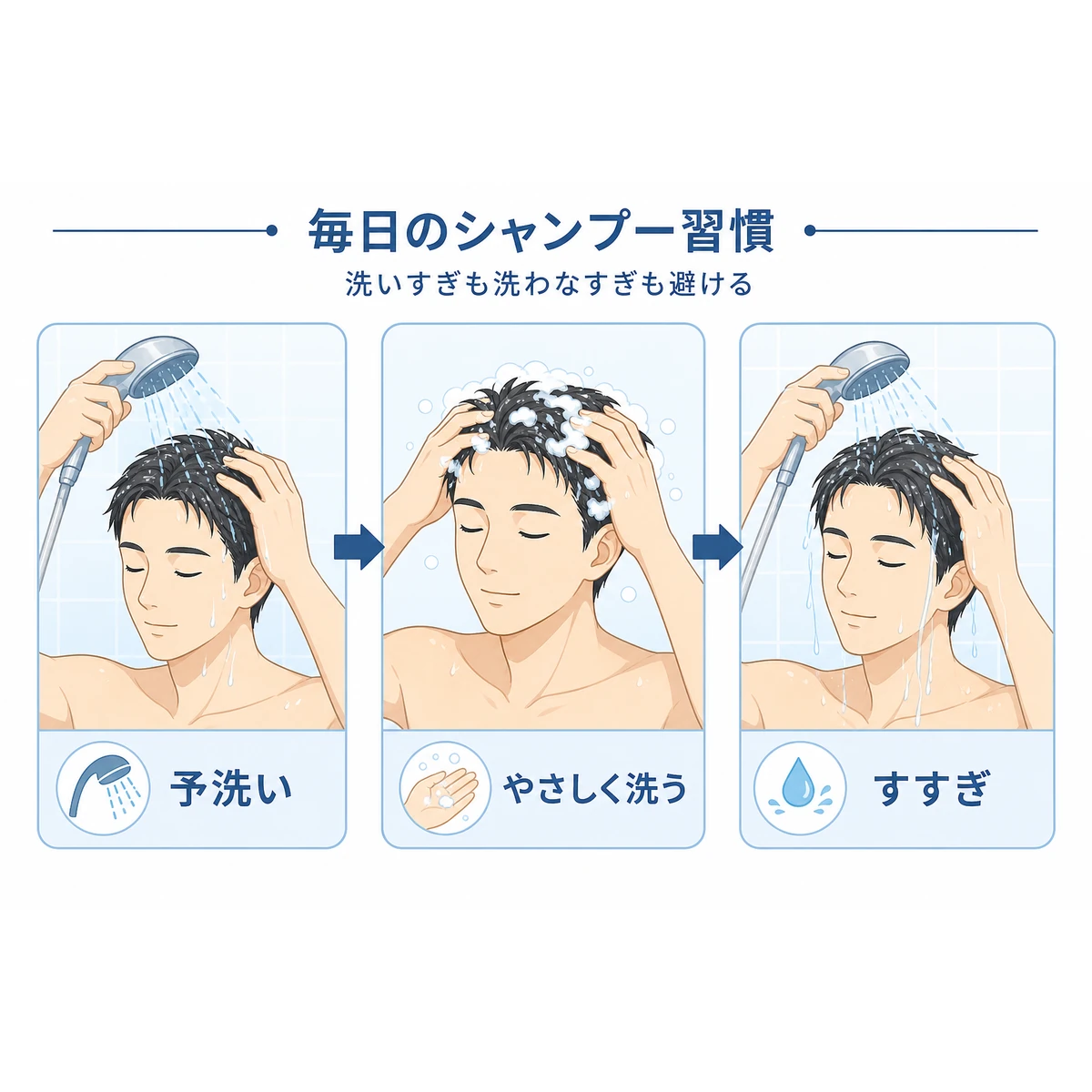 予洗いからやさしく洗いすすぎまでの正しいシャンプー手順を成人男性で表した頭皮ケアの医療イラスト