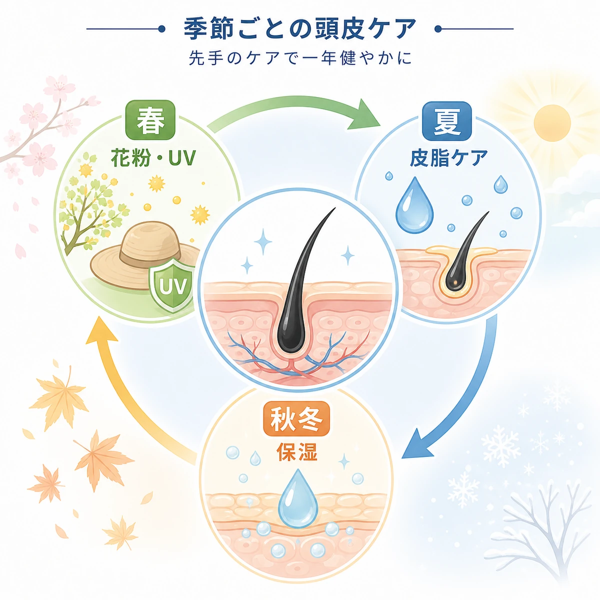 春夏秋冬それぞれの頭皮ケアテーマを円環でめぐらせた年間の季節別頭皮ケアスケジュールの医療イラスト