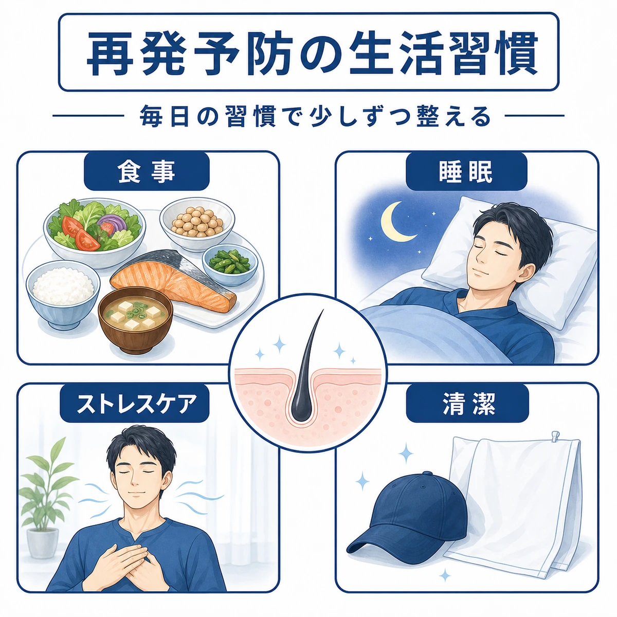脂漏性皮膚炎の再発を防ぐ日常習慣を4つのアイコンで表した医療イラスト