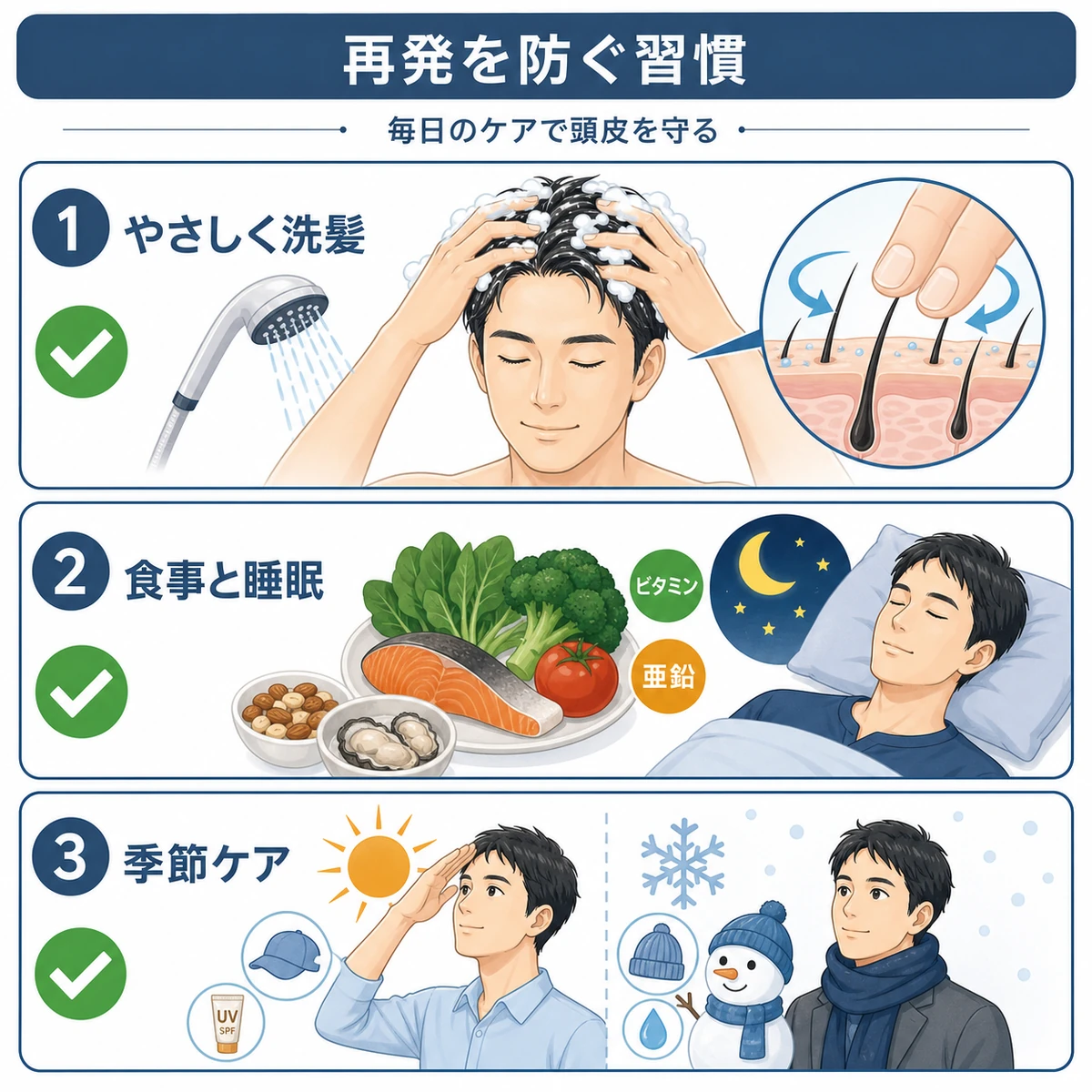洗髪と食事睡眠と季節ケアで再発を防ぐ日常習慣を並べた医療イラスト