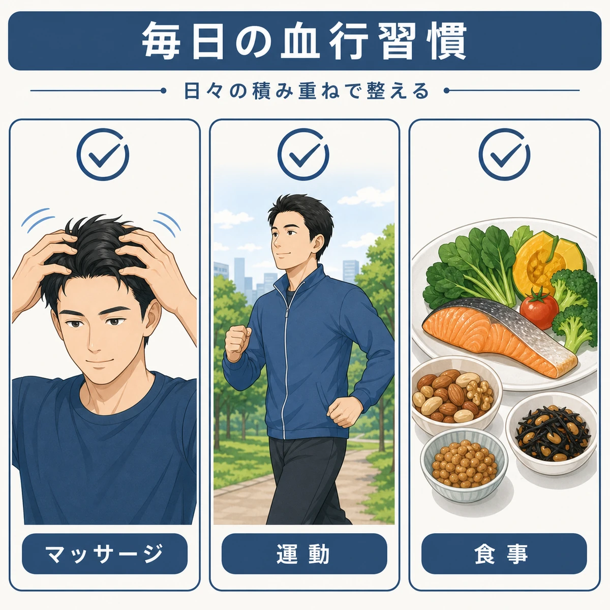 頭皮マッサージと有酸素運動と食事という日常の血行習慣を成人男性で表した医療イラスト