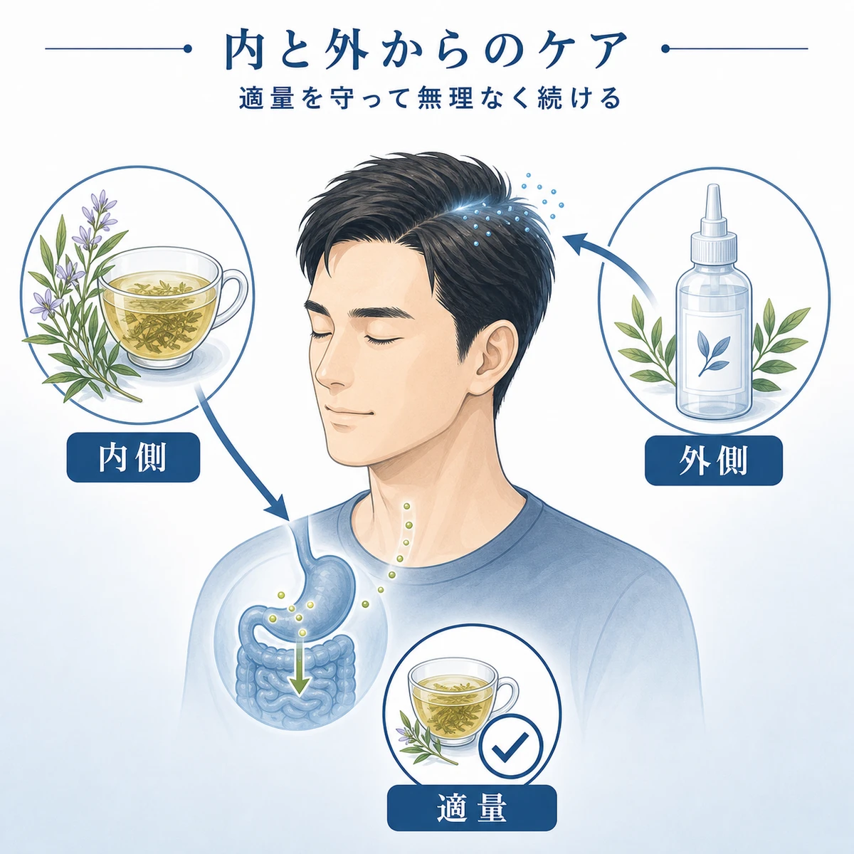 センブリ茶の飲用と育毛剤の塗布を内と外から組み合わせるケアを表した医療イラスト