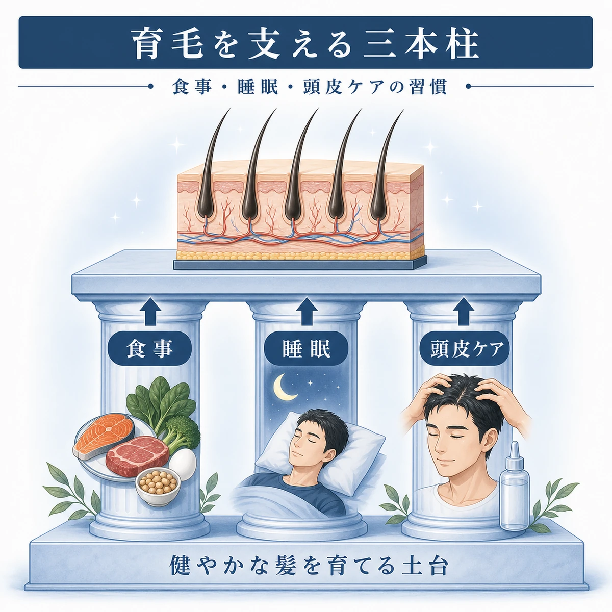 食事・睡眠・頭皮ケアの三本柱が育毛の土台を支えるようすを表した医療イラスト