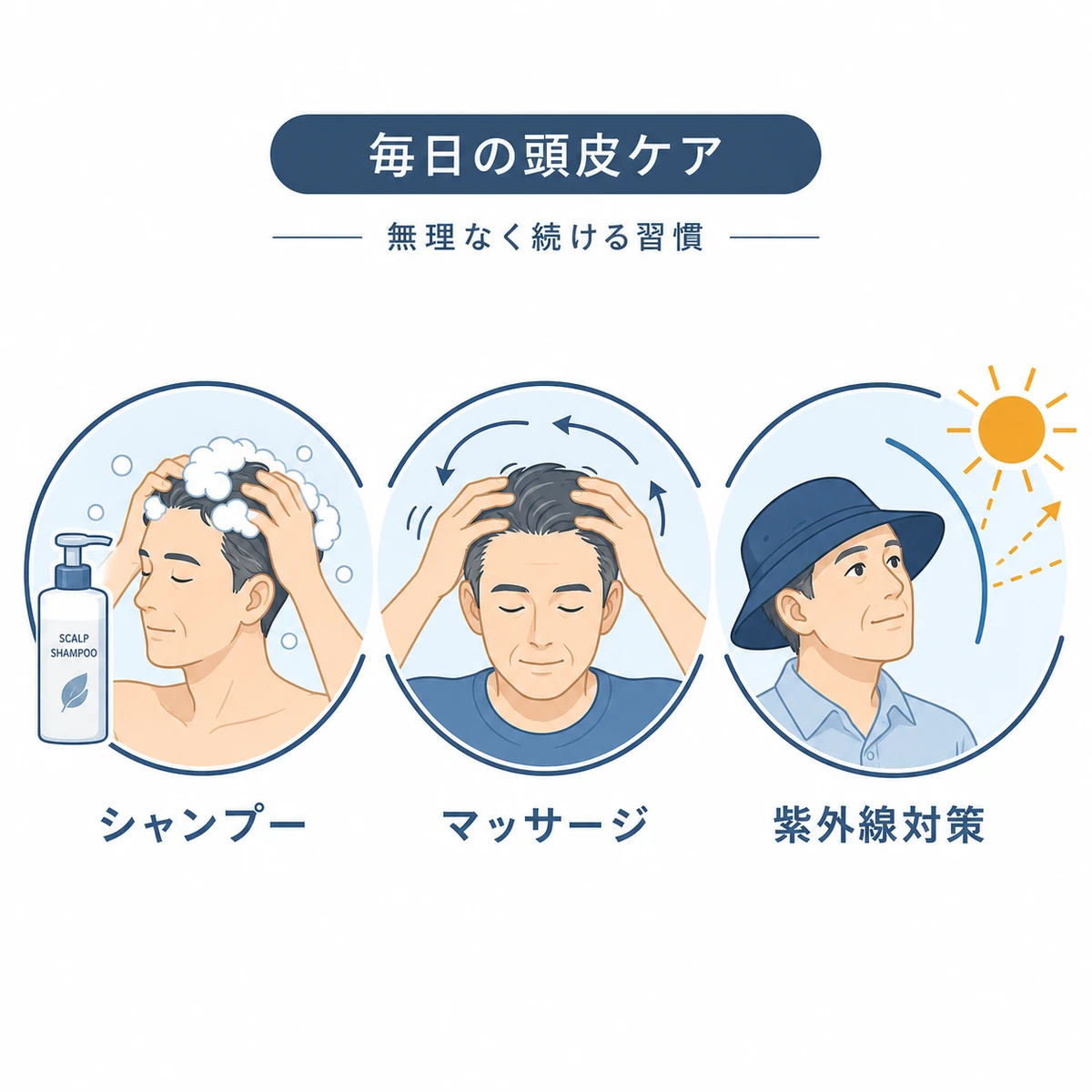 シャンプーとマッサージと紫外線対策で頭皮環境を整える毎日のケアを表した医療イラスト