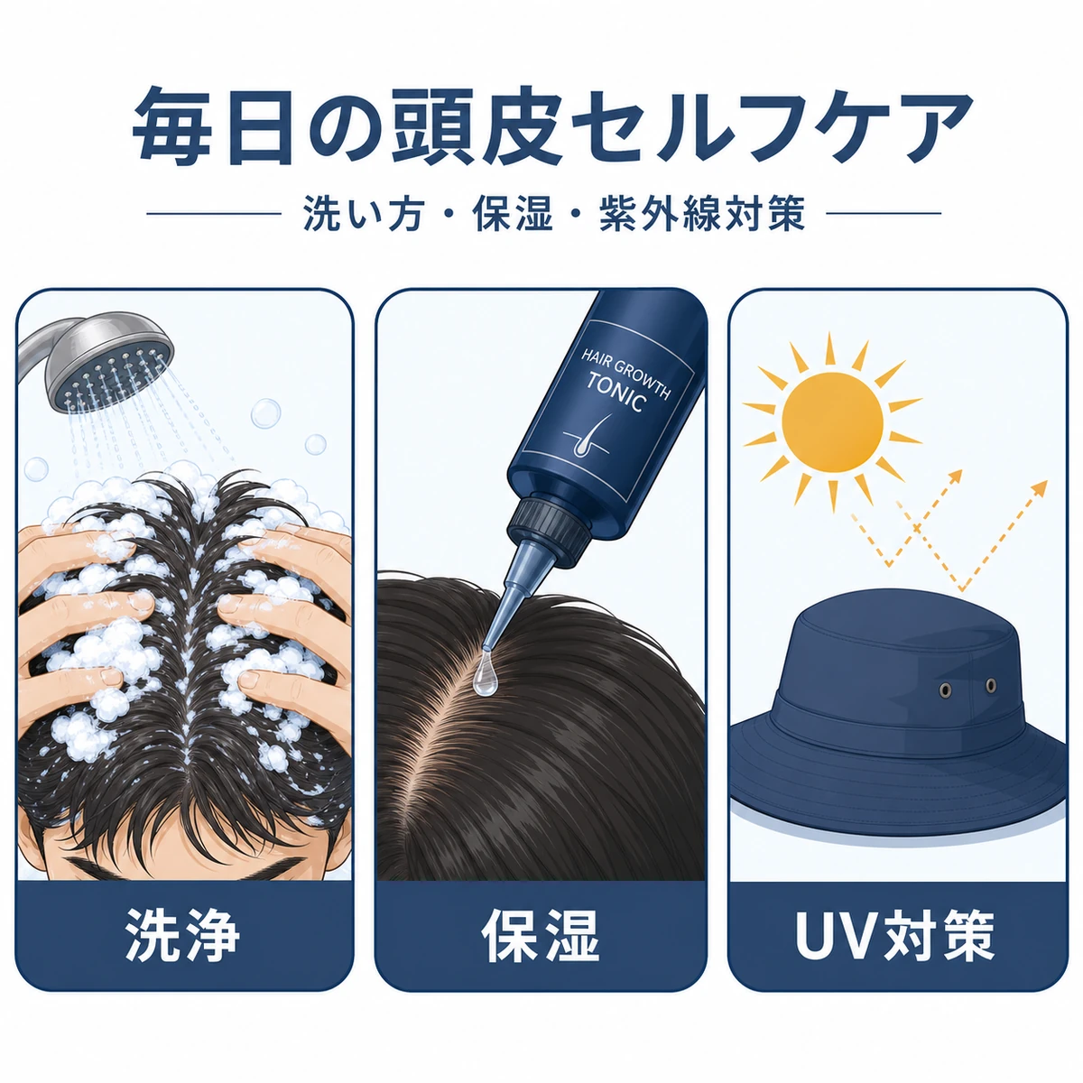 シニアの頭皮乾燥を防ぐ洗い方と保湿と紫外線対策を並べた医療イラスト