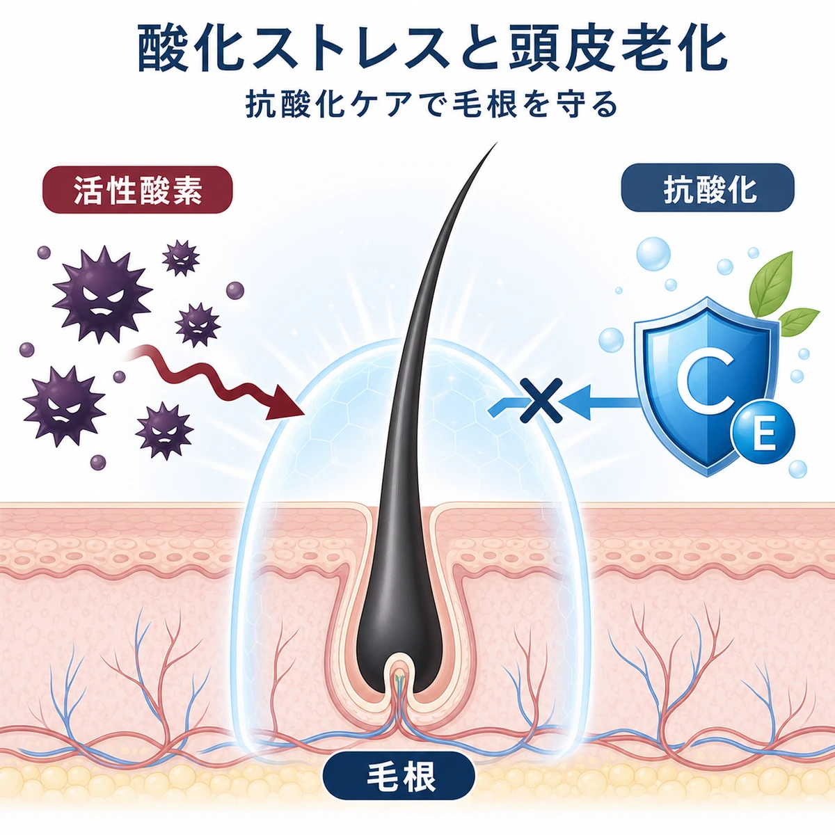 活性酸素の攻撃を抗酸化ケアが遮断して毛根を守る様子を表した医療イラスト