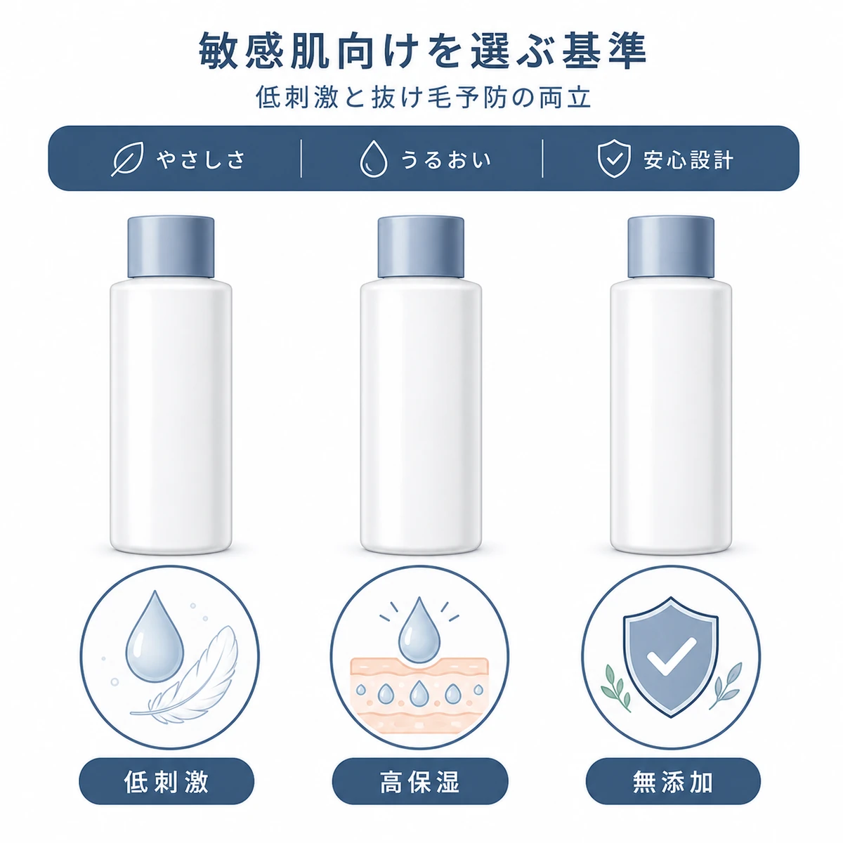 中立の育毛剤容器を低刺激・高保湿・無添加の基準で対等に並べた比較イラスト