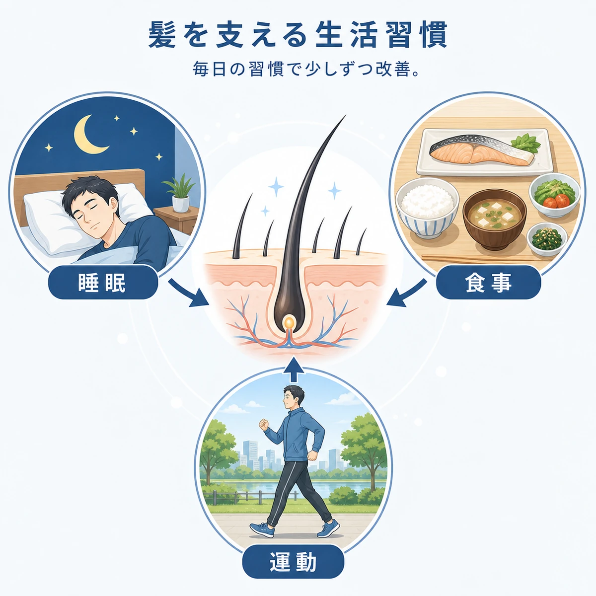 睡眠・食事・運動の生活習慣が健やかな地肌と髪を支えるしくみを表したイラスト