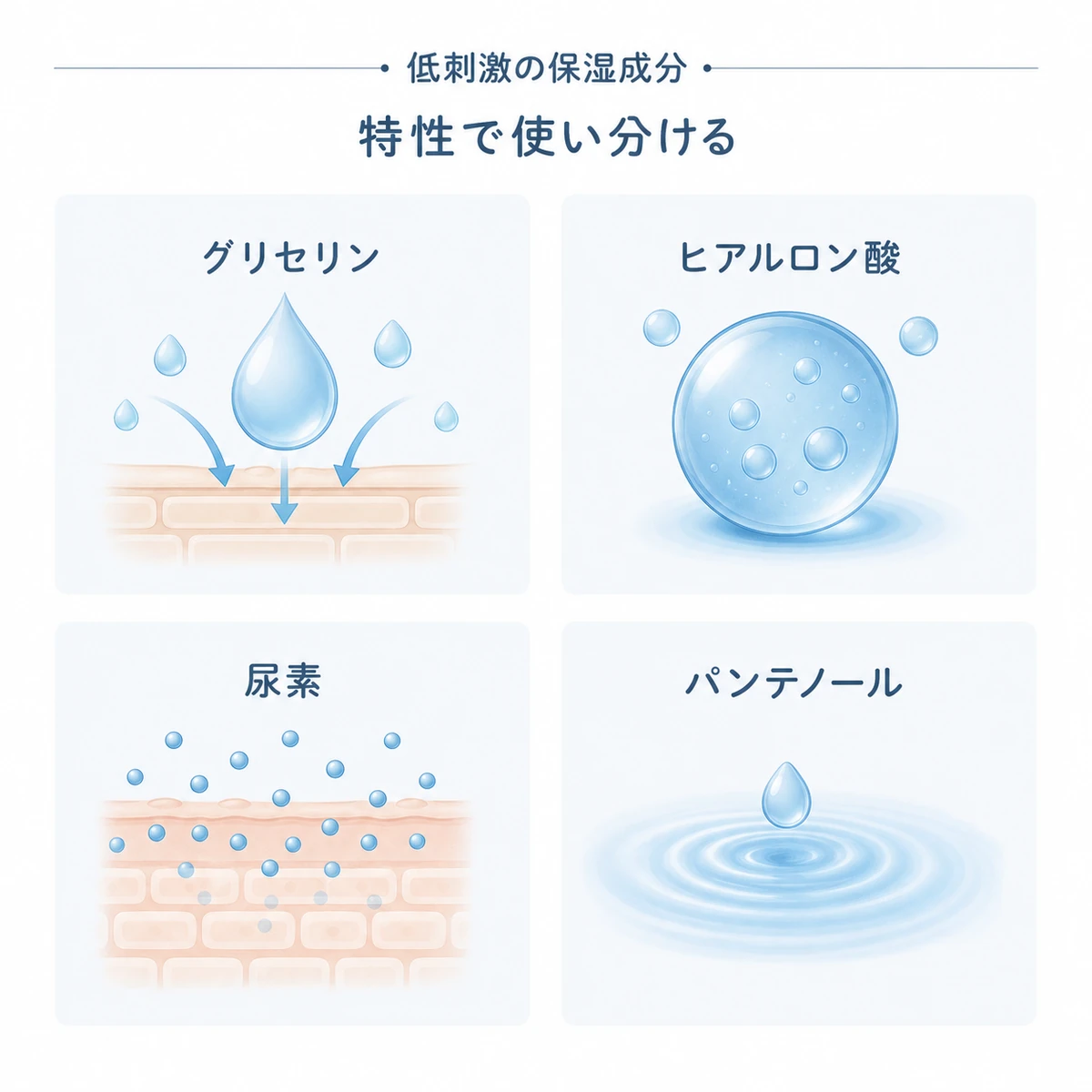 グリセリンやヒアルロン酸など低刺激な保湿成分の特性を並べて比べた頭皮ケアのイラスト