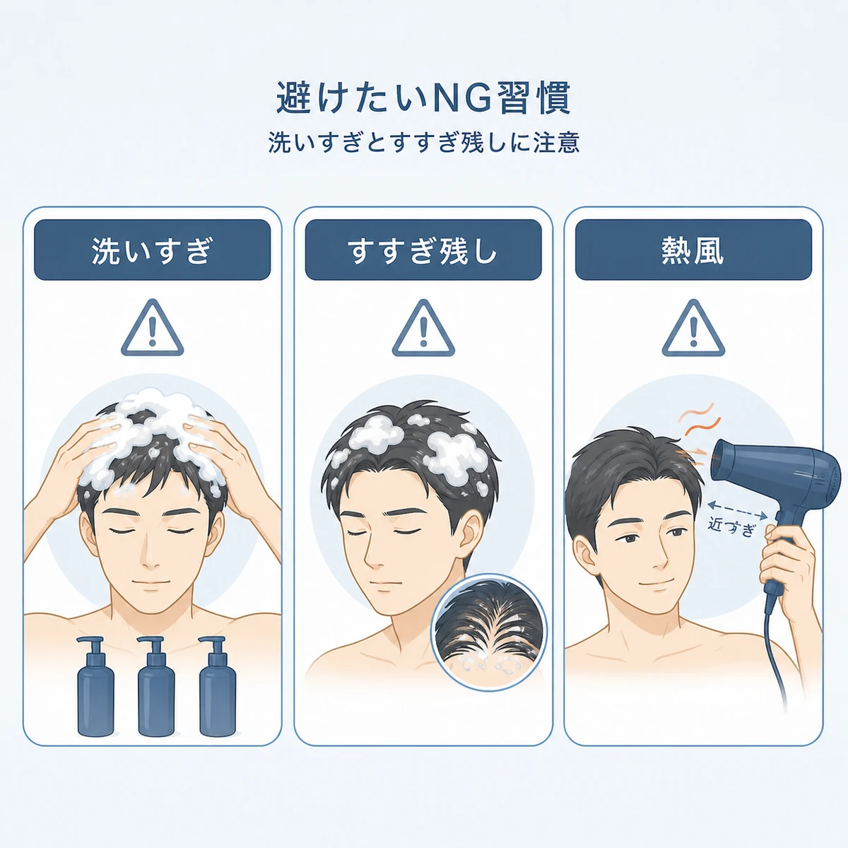 敏感肌の頭皮ケアで避けたい洗いすぎやすすぎ残しなどのNG習慣を表した医療イラスト