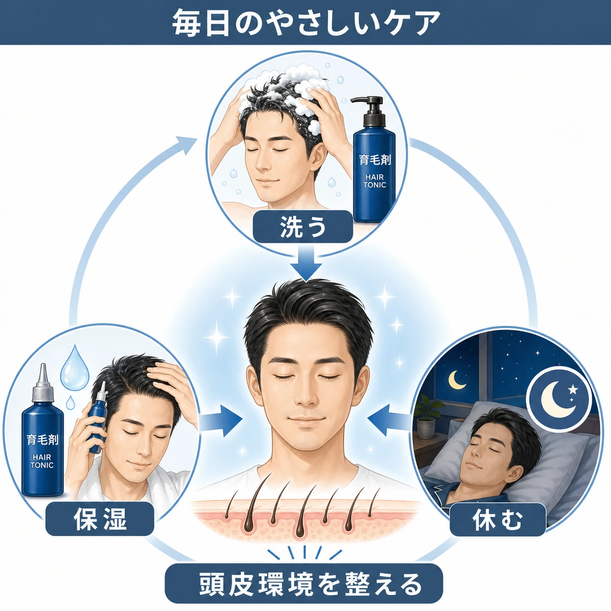 敏感肌の頭皮を整える洗う・保湿・休むの毎日のケア習慣を示した医療イラスト