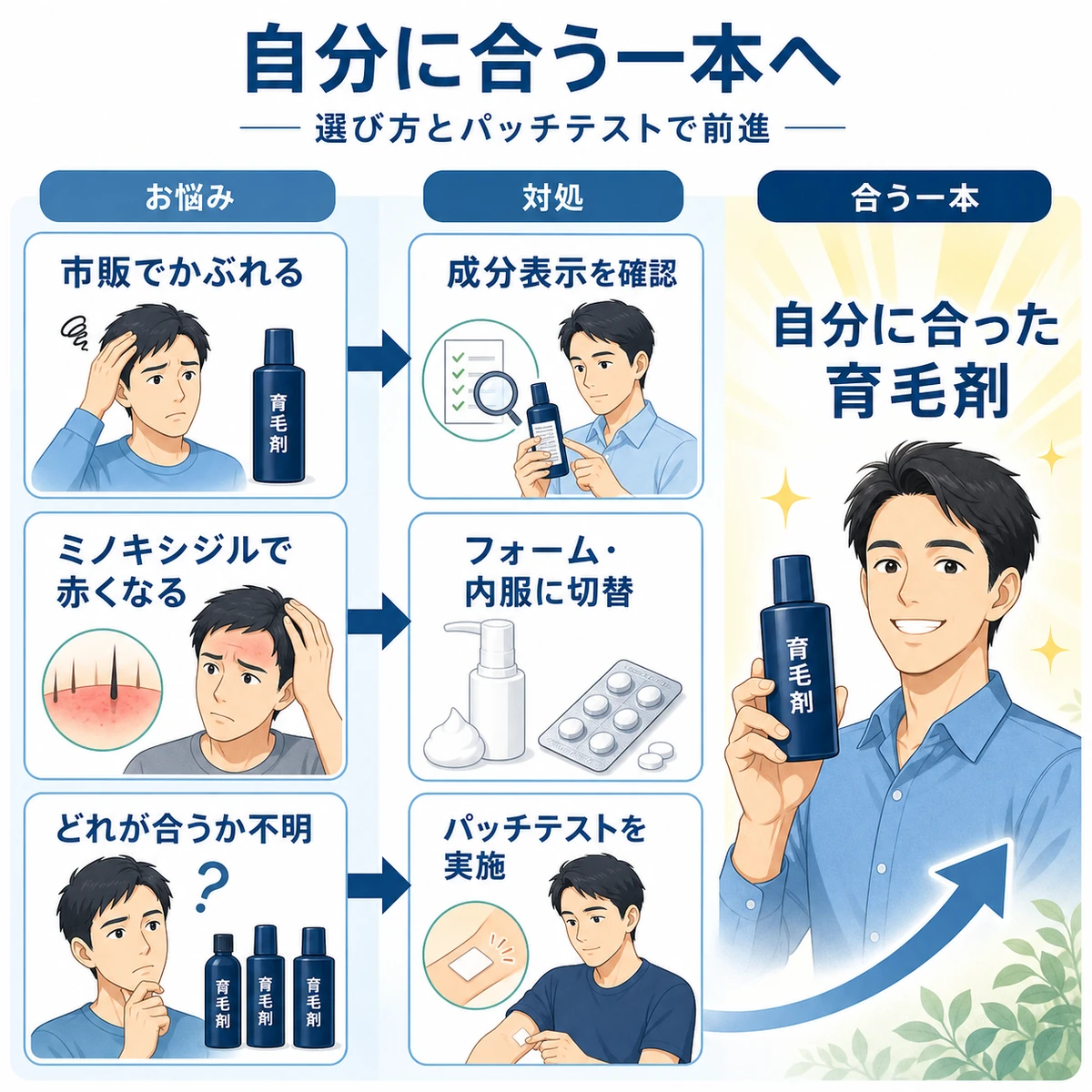 敏感肌のお悩みと対処法をつなぎ自分に合った育毛剤へ進む前向きな流れを示した医療イラスト