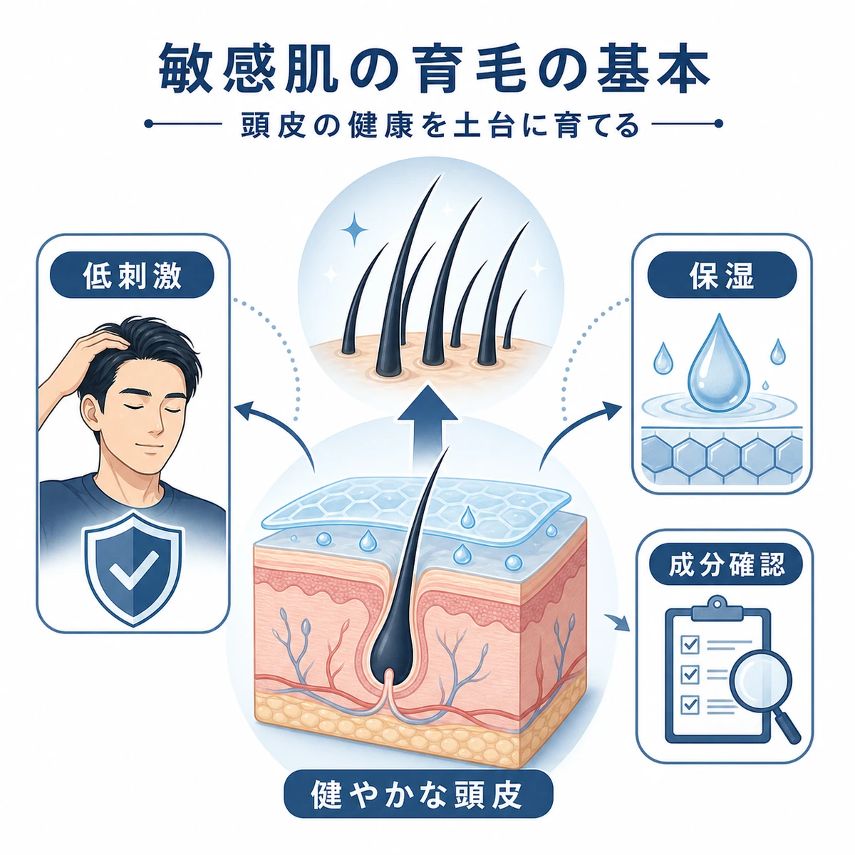 敏感肌の男性が頭皮の健康を土台にして育毛ケアを進める基本を描いた医療イラスト