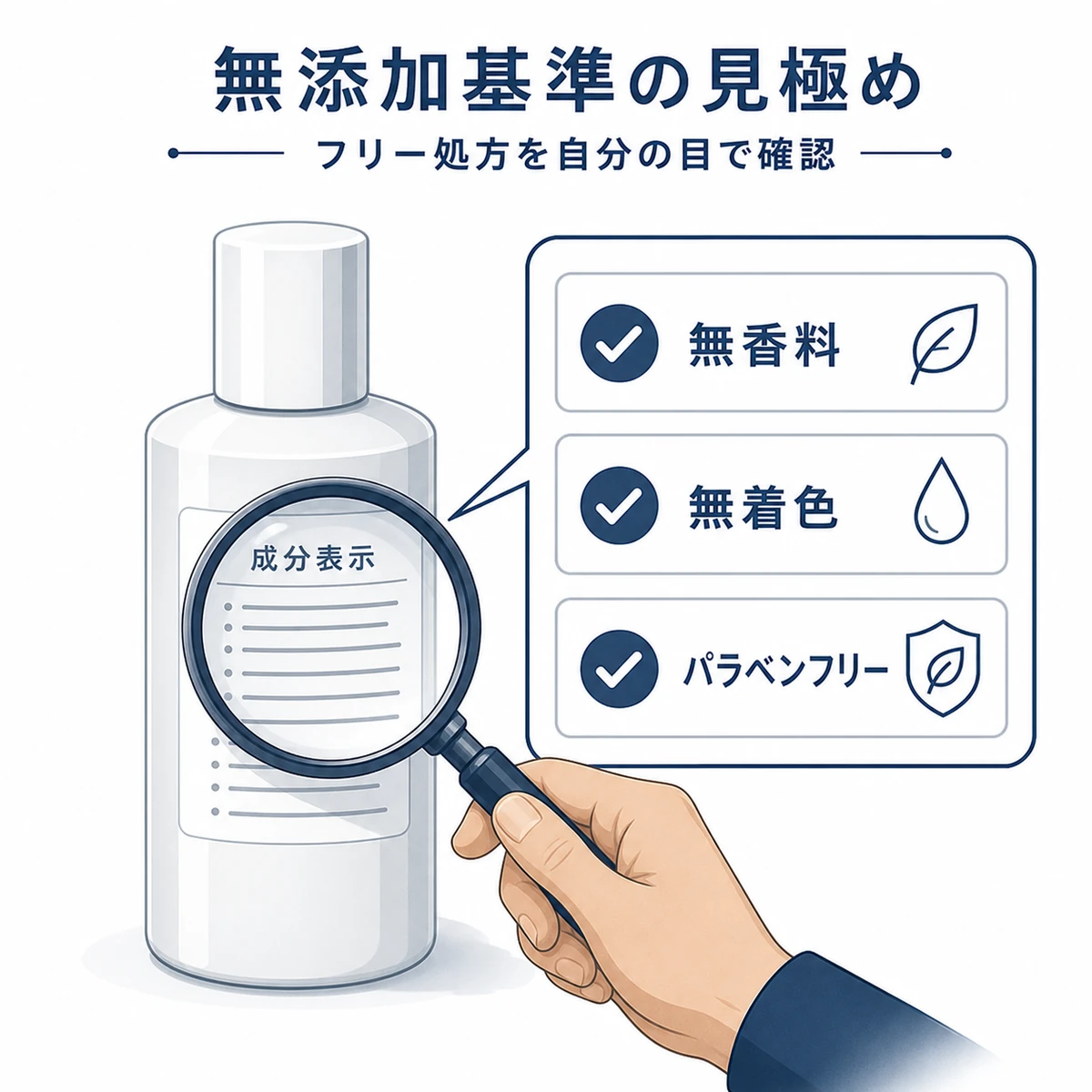 育毛剤の無添加基準を成分表示で確認する様子を描いた医療イラスト