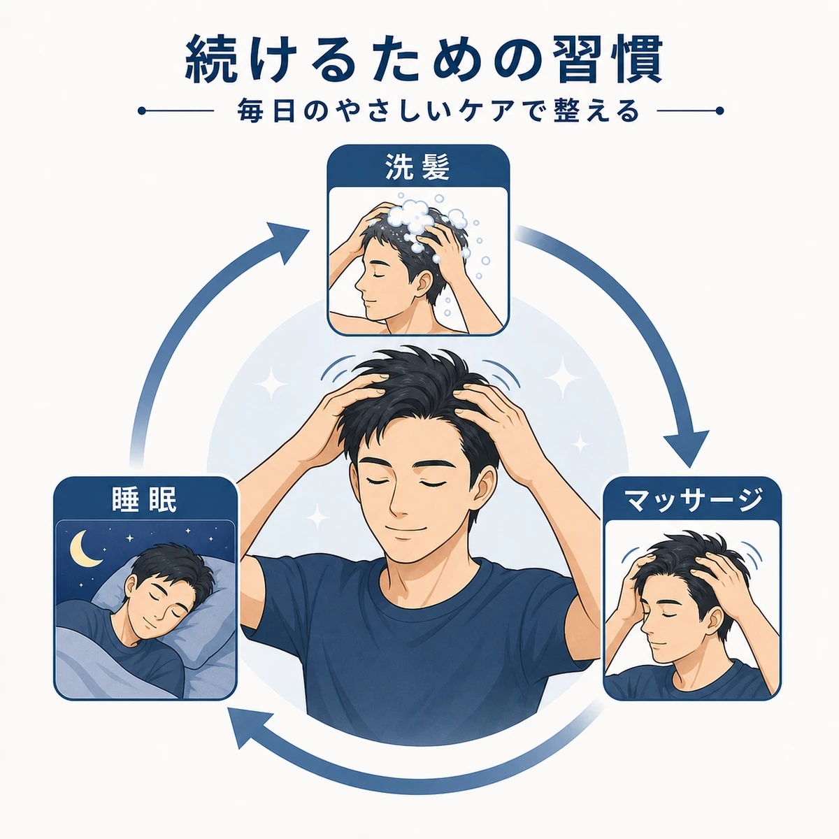 敏感肌の男性が育毛ケアを続けるための毎日の習慣を描いた医療イラスト
