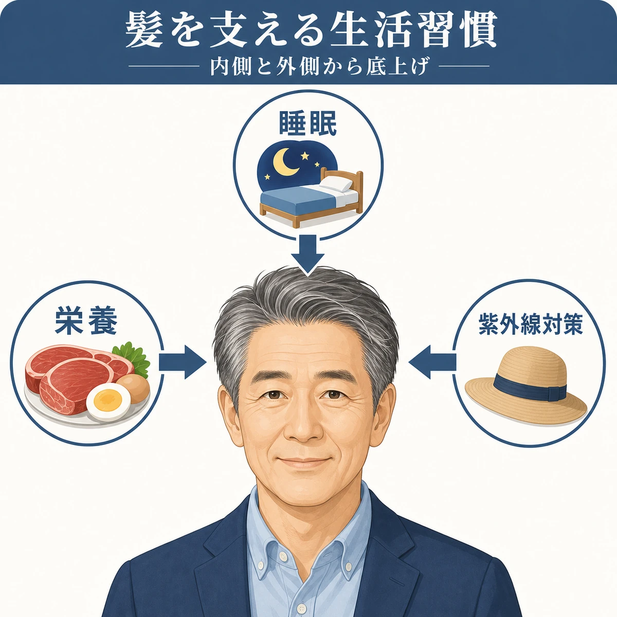 栄養と睡眠と紫外線対策が髪の成長を支える生活習慣を表した医療イラスト