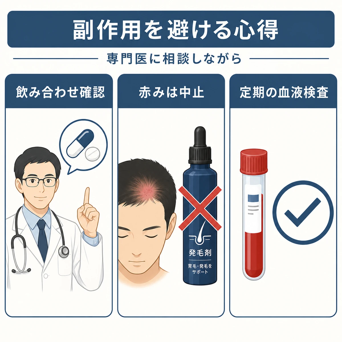飲み合わせ確認と使用中止と血液検査という副作用を避ける三つの心得を表した医療イラスト