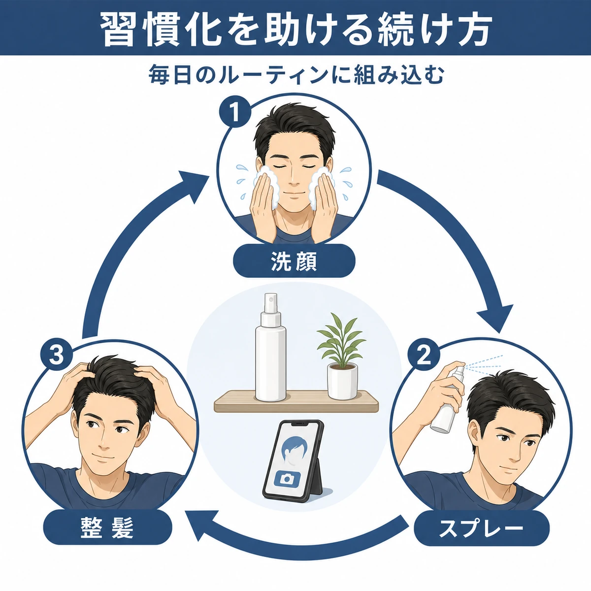 洗顔からスプレー、整髪へと続く習慣化サイクルを円環で表した育毛イラスト