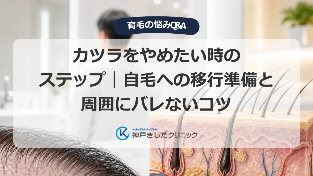 カツラを外して自毛への移行を検討する男性と頭皮ケアのイメージ