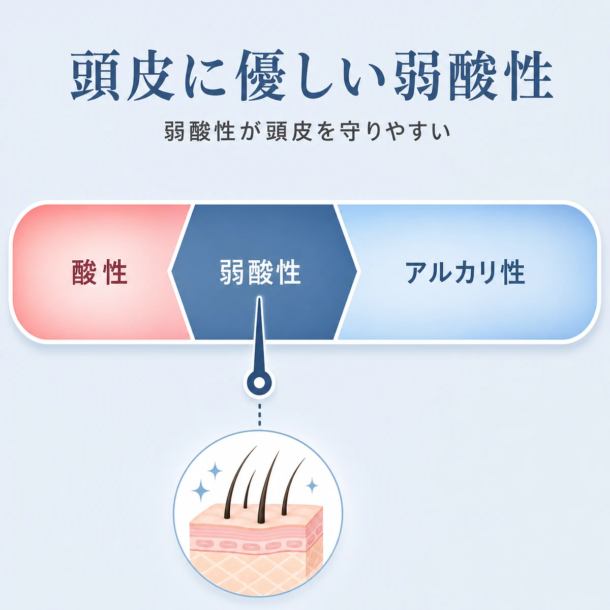 頭皮の適正な弱酸性ゾーンを針で指したpHスケールの育毛イラスト