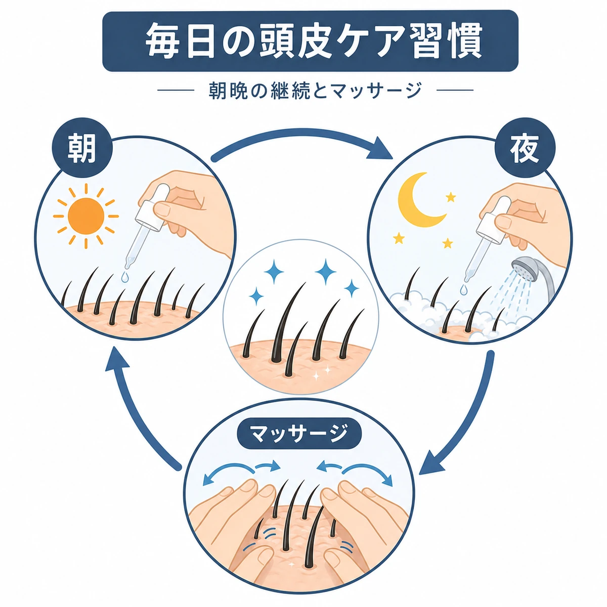 朝晩の塗布とマッサージを毎日めぐる頭皮ケア習慣のサイクルを表した医療イラスト