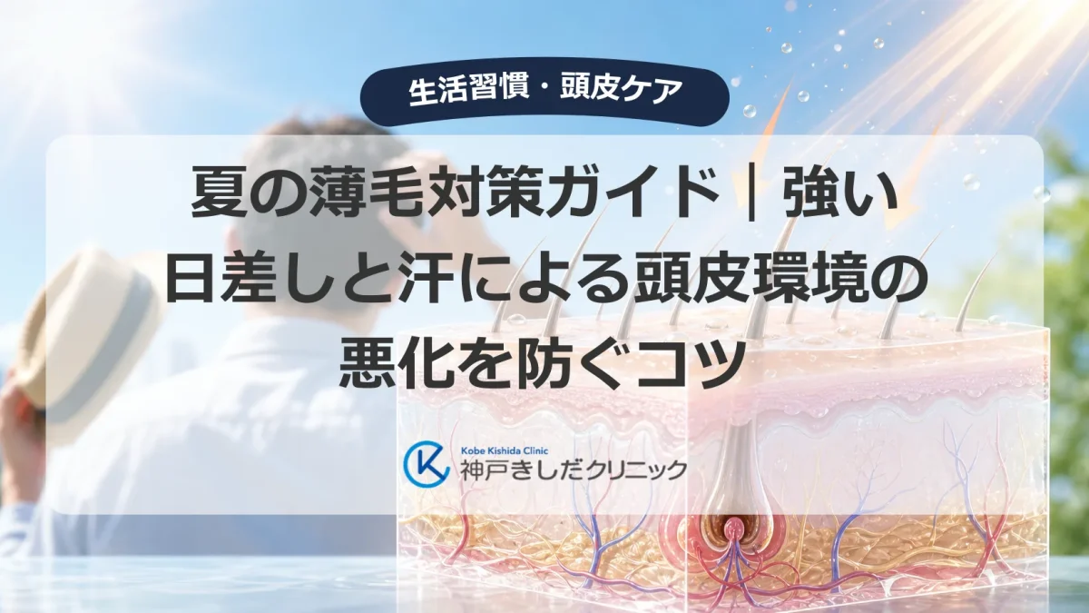 夏の強い日差しの下で頭皮を気にする男性と、紫外線と汗の影響を受ける頭皮と毛根の断面イメージ