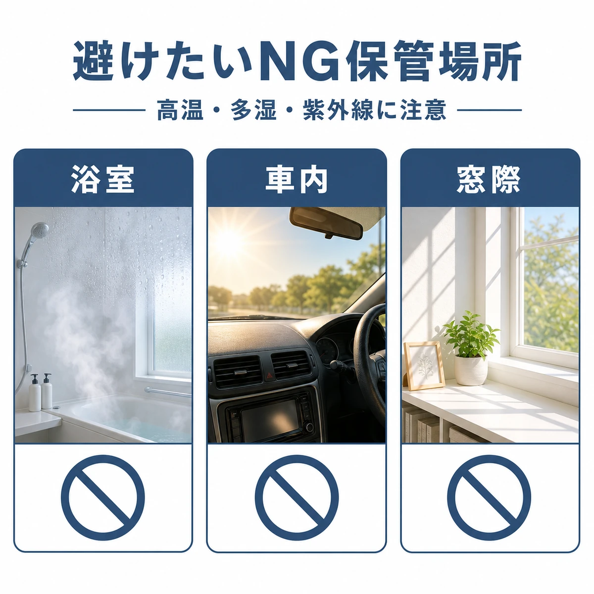 浴室や車内や窓際など夏に育毛剤を置いてはいけない場所を対比した医療イラスト